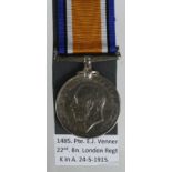 BWM to 1485 Pte E J Venner 22-London Regt. Killed In Action 24th May 1915. Born Paddington. On the