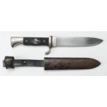 German Nazi Hitler Youth knife with blue and white diamond Marine badge. Tiny RZM stamp to blade,