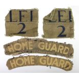 Home Guard WW2 pair of titles with pair of LEI 2 (Leicestershire) div patches