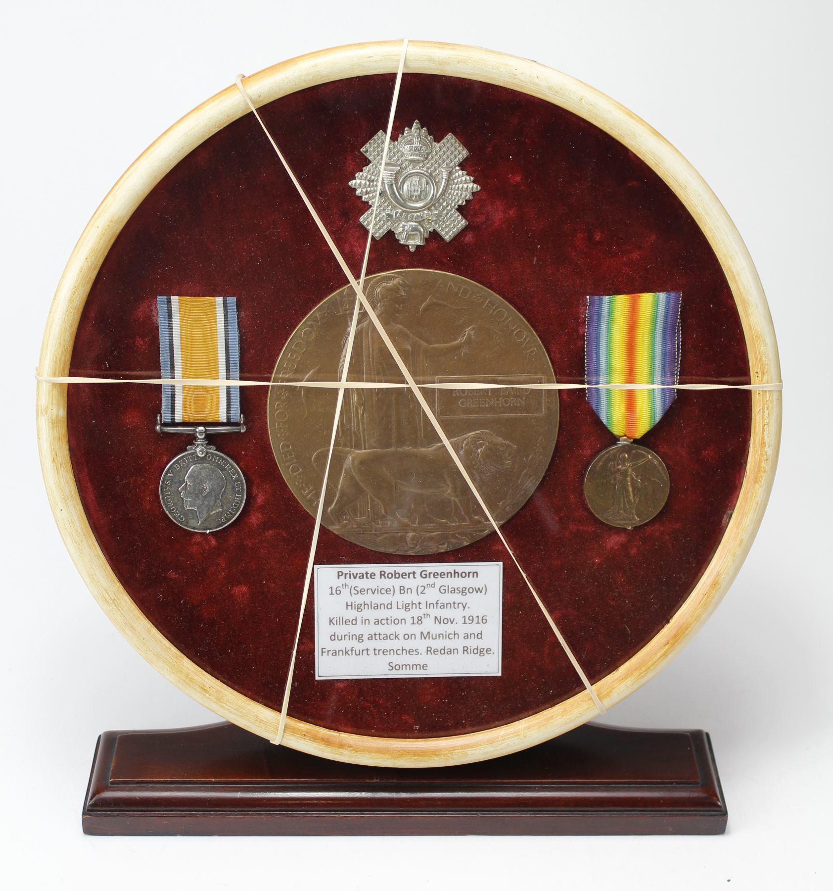 BWM & Victory Medal + Death Plaque to 41019 Pte Robert Baird Greenhorn 16th Bn Highland L.I.