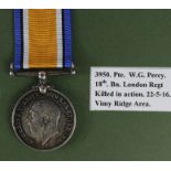BWM named 3950 Pte W G Percy 18-London Regt. Killed In Action 22nd May 1916. Buried Cabaret-Rouge