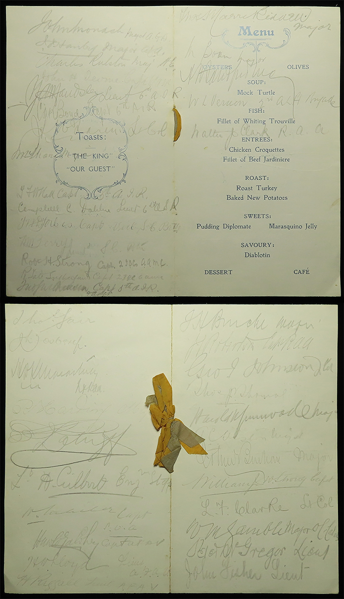 Australian WW1 Military interest - a Menu sheet with multiple original signatures including