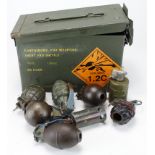 Grenades, 8x assorted deactivated Grenades housed in a 50 Cal Ammo Tin. (Buyer collects)