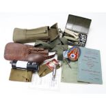 Militaria - small box of various items inc 5x badges, chinstrap, whistle, Bayo Frog, Uzi Mag