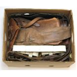 Banana box of Militaria inc 1918 British Binos in leather case, Italian WW2 Bandolier, British KC