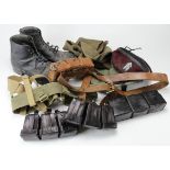 Box of various Militaria inc Boots, Beret, Puttees, '37 Pattern Belt, K98 Pouches, etc. (qty)