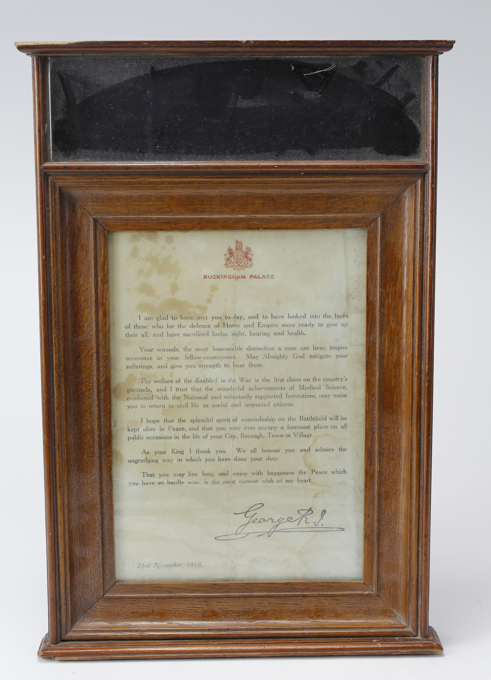 Buckingham Palace 23rd November 1918 Wounded letter, Welfare of the Disabled. Housed in wooden