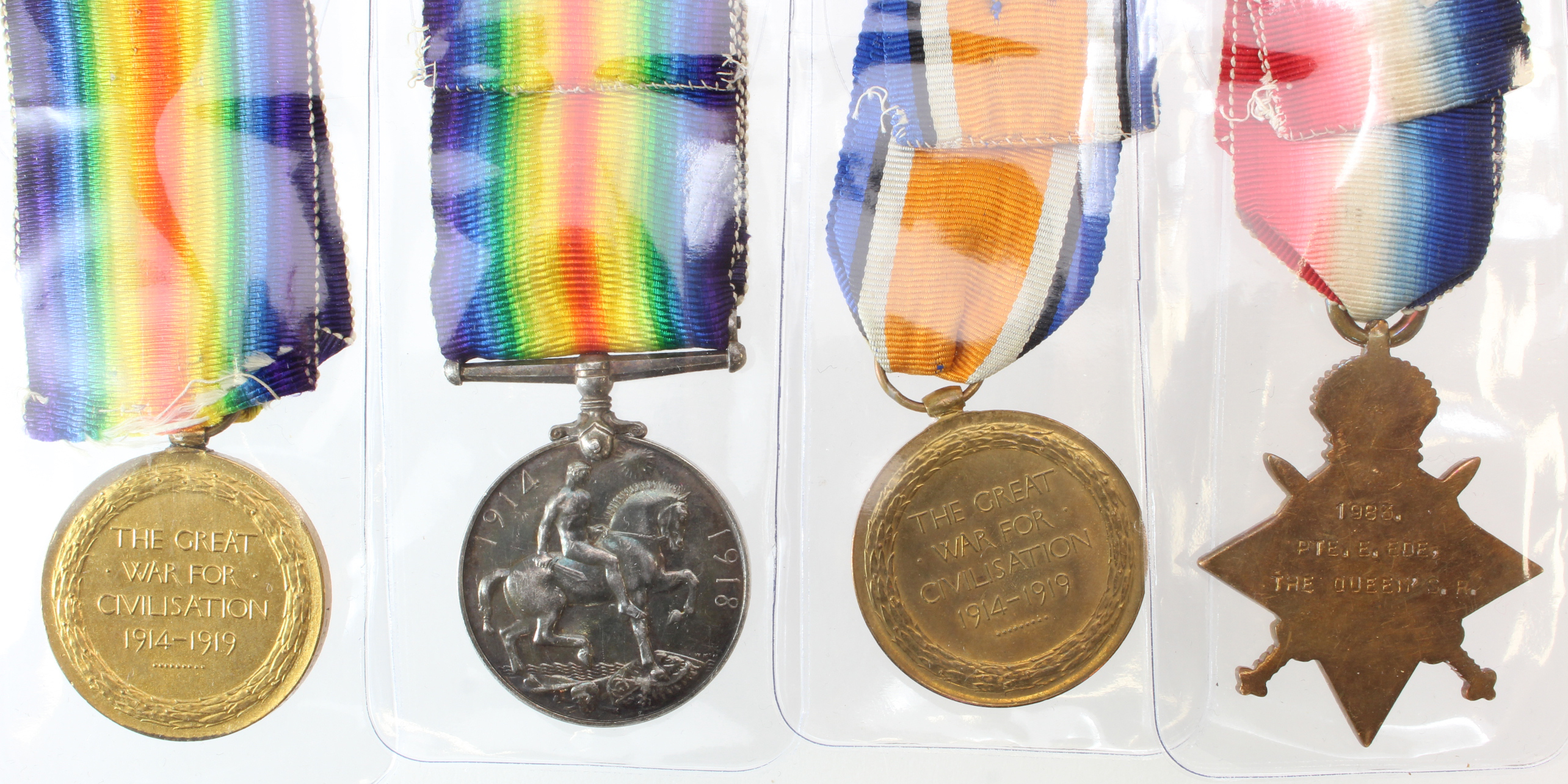 1915 Star Trio to 1983 Pte E Ede The Queens R. With a Victory Medal to L-6988 Pte W Ede The Queens - Image 2 of 2