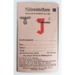 German Jewish interest an unused Ration card over stamped with " J " for Jewish on every day