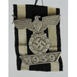 German Nazi 1939 bar for the Iron Cross 1st class, maker marked 'L/16', one fold over clasp missing