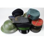 Banana box of various Military Helmets / peaked Caps, side hat, etc. (8)