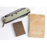 WW1 Canadian 1916 soldiers pocket knife named to J Knowles with set of WW1 playing cards and a WW1