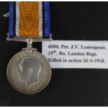 BWM named 6080 Pte J V Le Moignan 19-London Regt. Killed In Action 26th March 1918 serving as