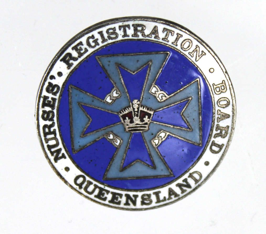 Pin badge Nurses Registration Board Queensland, reverse engraved 'O G Parkinson 22-2-16 349',