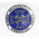 Pin badge Nurses Registration Board Queensland, reverse engraved 'O G Parkinson 22-2-16 349',