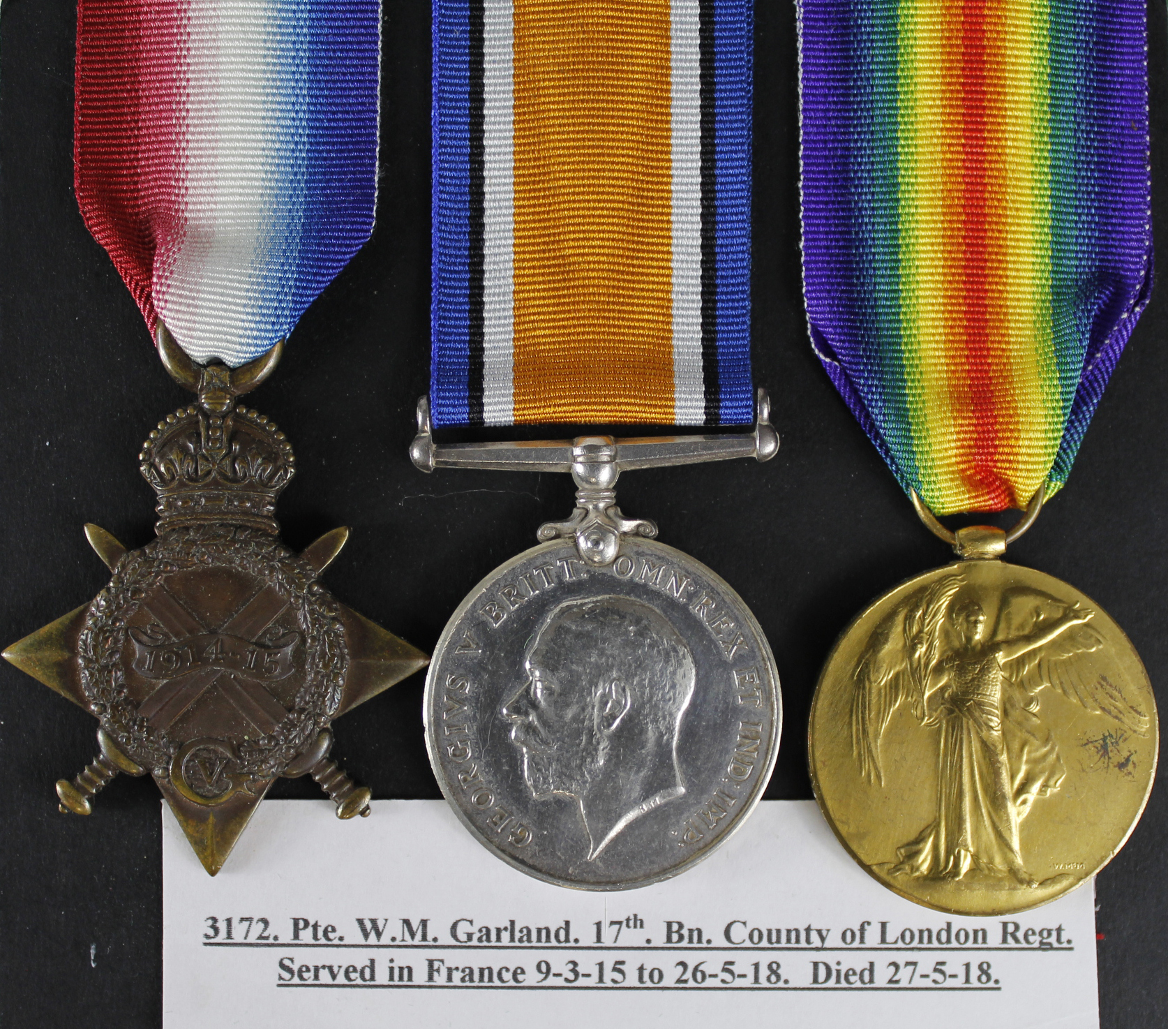 1915 Star Trio to 3172 Pte W M Garland 17-London Regt. Died 27th May 1918 serving as 571117 while on