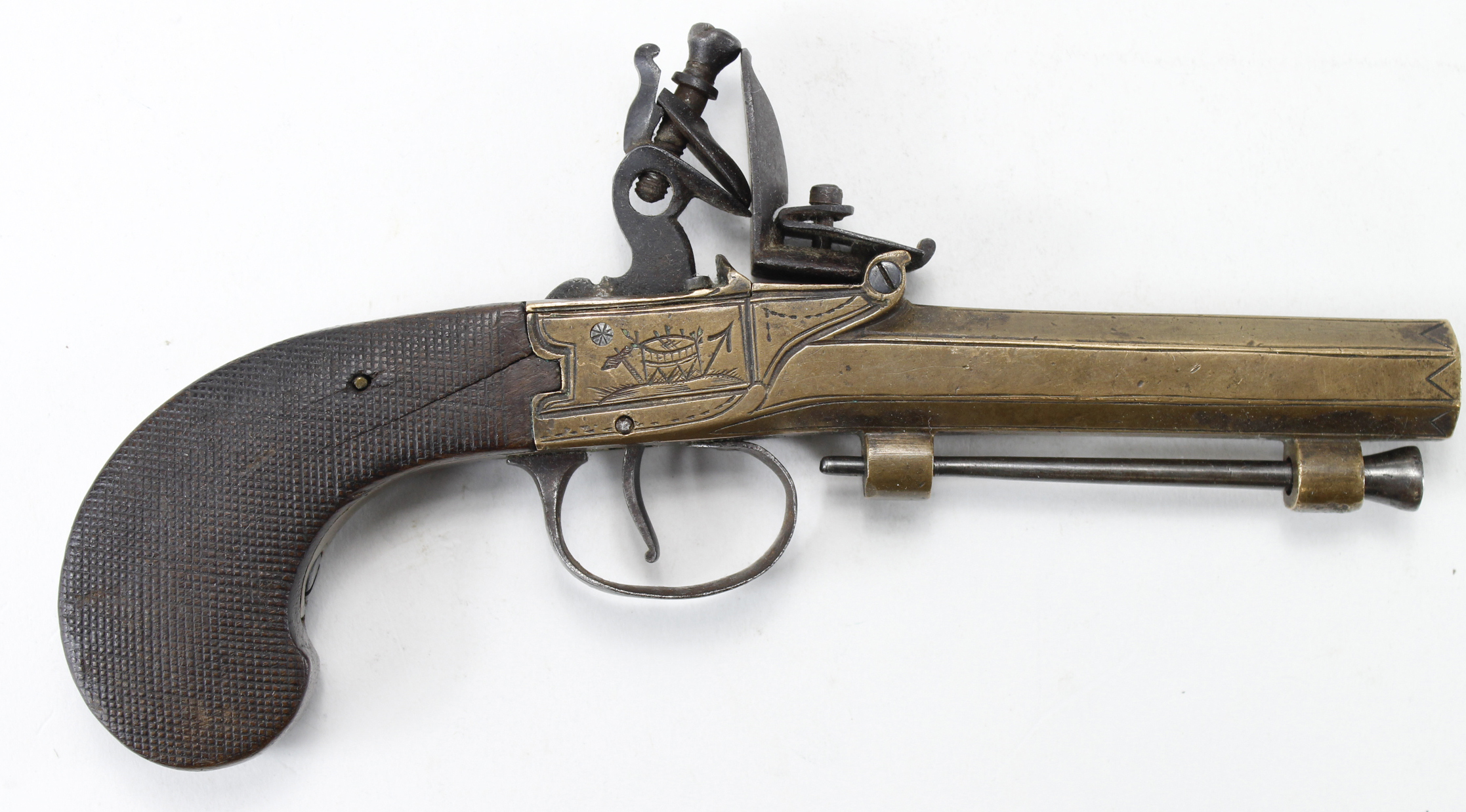 Pistol, a good, attractive Flintlock, boxlock pocket pistol, brass frame + octagonal barrel,