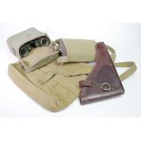 WW2 binoculars in webbing case with various WW2 webbing equipment, etc.