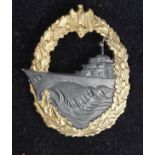 German Kriegsmarine war badge in fitted / titled case, Destroyer war badge, S.H u & Co maker marked