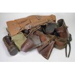 Banana box of various Militaria inc 1930's Portuguese Luger Holster, German 1888 ammunition pouch (