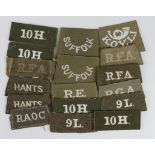 Cloth Badges: WW1 Slip-On Embroidered Shoulder Title Badges for (L - 10H - Suffolk - Hants - K.O.Y.