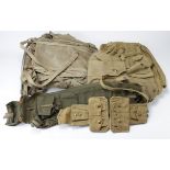 Box of various Militaria inc 1945 dated Bergen, 1942 large pack, pair Rifle Pouches, Bren Barrel