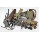 Banana box of Militaria inc Italian W2 water bottle, British WW2 Radio Head set, Nazi Headset/