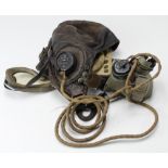 RAF leather flying helmet with 10A/13466 earphones cable and plug, face mask A/M 10A/12570.