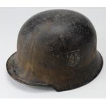 German Nazi double decal Police Helmet. Decals attempted removal, replacement liner, and chin strap