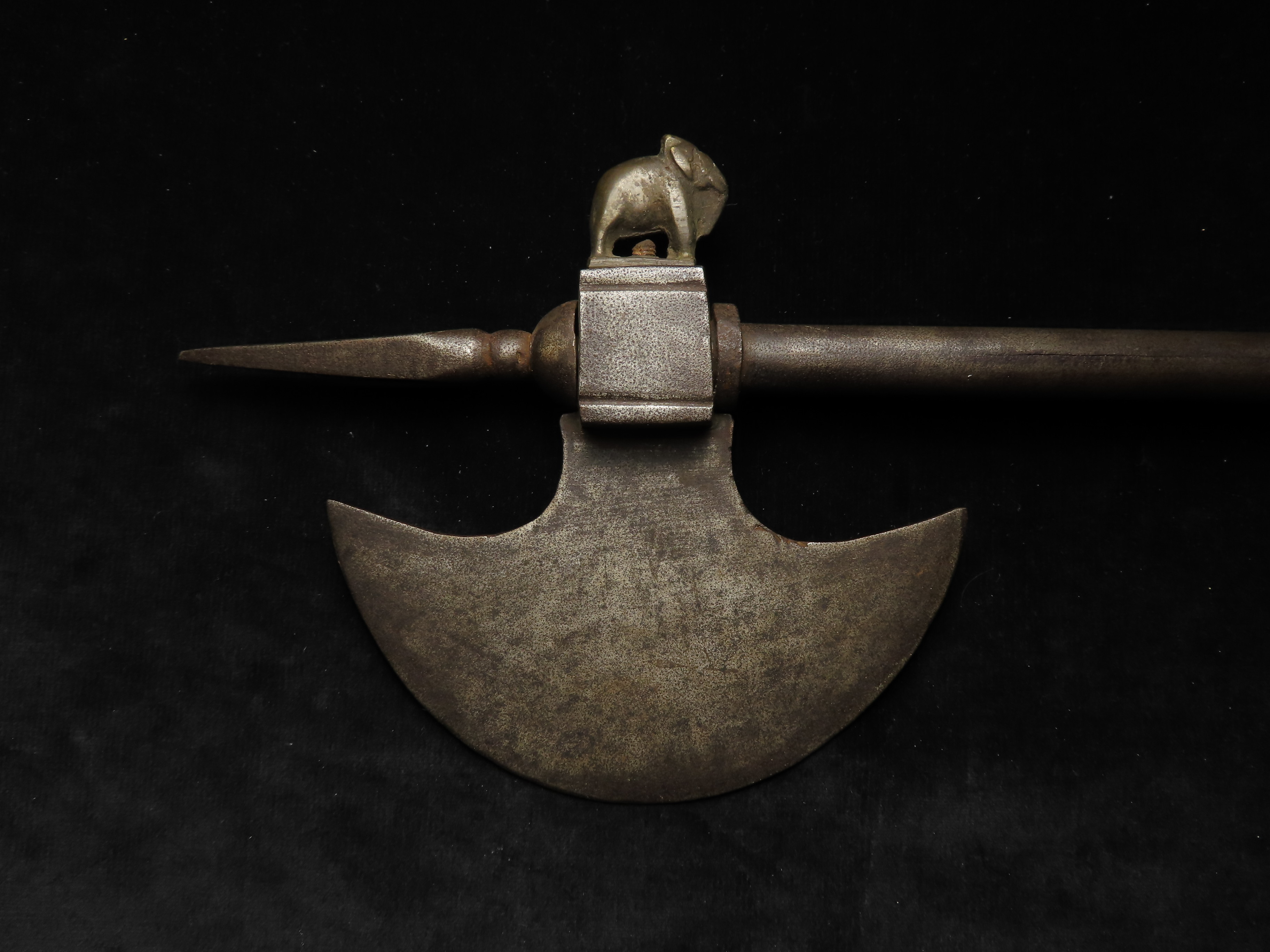 Indian fighting, hand axe. All steel construction, hay moon shaped axe head with spike. Elephant - Image 2 of 2