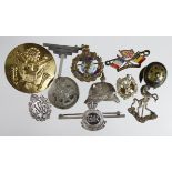 Badges - all military related (10) includes 3 silver sweetheart badges, German helmet badge, M.O.T.