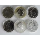 GB Silver one ounce Britannias (6) . 1999, 2001, 2005, 2008, 2010 & 2011. Unc - BU in hard plastic