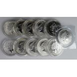GB Silver one ounce Britannias (11) 1998, 99, 2000, 02, 03, 04, 06,07, 09, 2010 & 2019. Unc - BU