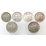 Germany (6) Weimar Republic .500 grade silver: 3x 1 Mark 1924 (A,D & F), 1x Reichs Mark 1925 D,