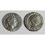 Roman Imperial (2) AR Denarii of Elagabalus (218-222 AD): Rome mint, sacrificing over altar