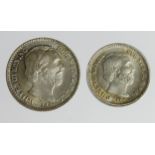 Netherlands (2) silver minors: 5 Cents 1879 Broadaxe GEF, and 10 Cents 1882 Broadaxe, dot after