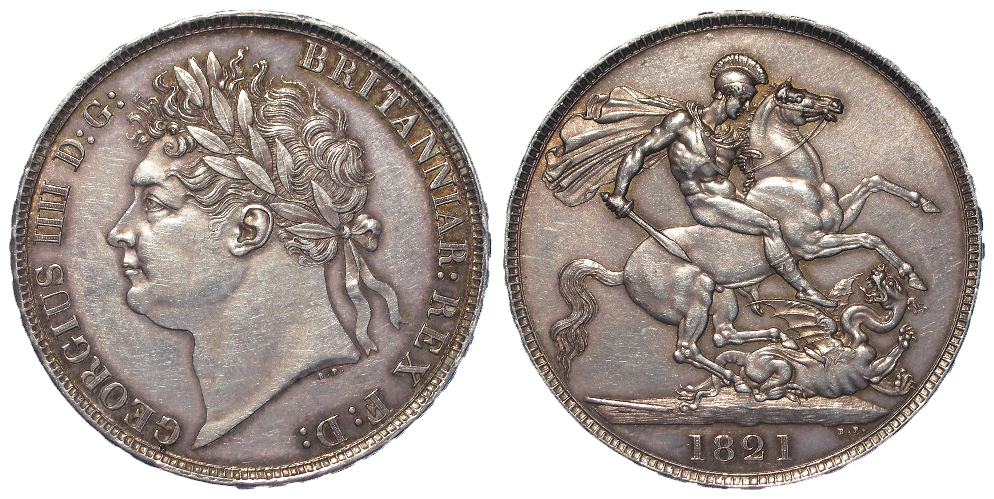 Crown 1821 Secundo, S.3805, lightly toned EF, a few hairlines.