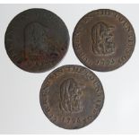 Tokens, 18thC (3): Cambridgeshire, Bedford & Huntingdon druid head / beehive copper Halfpennies