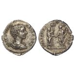 Geta silver Denarius, Laodicea Mint 198 AD. Reverse: FELICITAS TEMPOR, Geta togate stg. l.