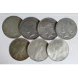 USA Peace Silver Dollars (7): 1922 UNC, 2x 1922 VF, 1922S VF, 2x 1923 EF, and 1923 VF