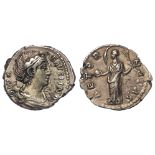 Diva Faustina Senior silver Denarius, Rome Mint after 147 AD. Reverse reads: AETERNITAS, Providentia