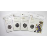 GB Five Pounds in sealed Royal Mint packs (4) . All from the Queens Beasts series. BU as issued