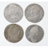 GB Shillings (4): 1696E VG, 1734 roses & plumes Fine, 1758 nVF, and 1787 with hearts GVF