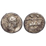 Roman Republican silver Denarius, Rome Mint 189-179 BC of L. Coelius. Helmeted head of Roma r., X