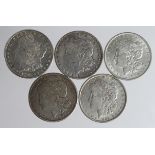 USA Morgan Silver Dollars (5): 1880S proof-like EF, 1889 GVF, 1897 EF, 1900 GVF, and 1921S VF