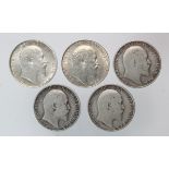 GB Shillings (5) Edward VII: 1902 EF, 1903 Fair, 1905 Fair, 1909 aF, and 1910 EF