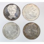 Germany silver 5 Marks (4): 1937A VF, 1937A GVF, 1938A VF, and Albert Schweizer 1975G proof-like