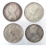 GB Florins (4) Queen Victoria gothic: 1849 "godless" GF, 1853 VG, 1858 VF, and 1877 Fine.