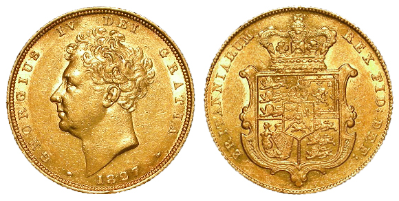 Sovereign 1827 EF, tiny edge nick.