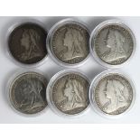 GB Crowns (6) All Victoria OH. 1893 LV, 1894 LVII, 1895 LIX, 1896 LX, 1897 LX & 1898 LXII. GF - nVF